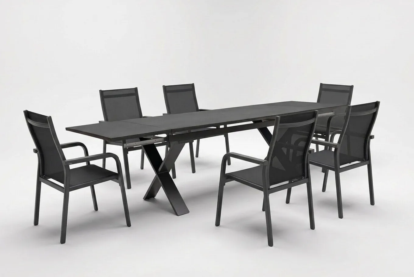 Sale BasicPlus Garten-Essgruppe, anthrazit, Alu / Spraystone / Textil, Tisch 180/280x100cm, 6 Stapelsessel Garten-Essgruppen