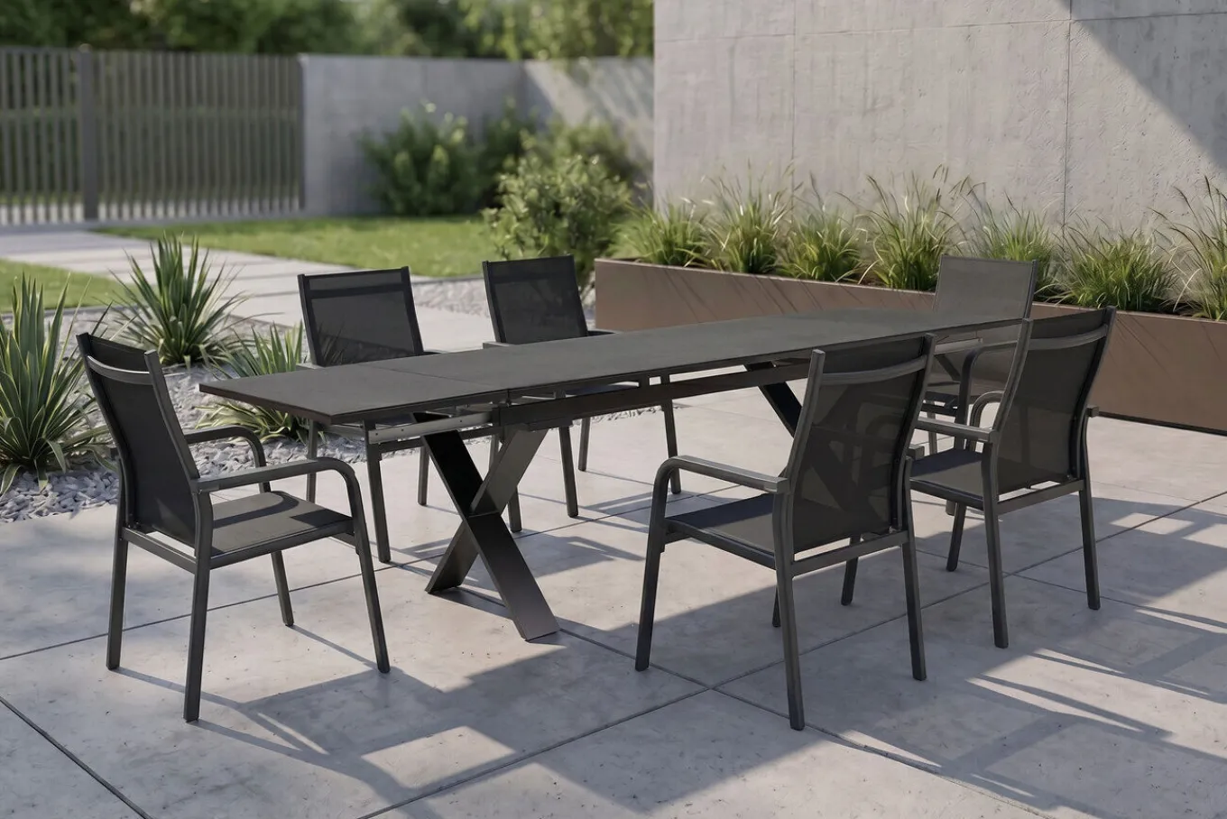 Sale BasicPlus Garten-Essgruppe, anthrazit, Alu / Spraystone / Textil, Tisch 180/280x100cm, 6 Stapelsessel Garten-Essgruppen