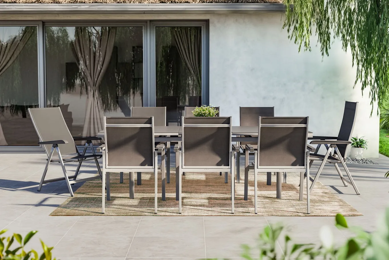 Outlet BasicPlus Garten-Essgruppe, silber, Alu/Textilene, Tisch 180/240x100cm, 6 Stapel-, 2 Klappstühle Garten-Essgruppen