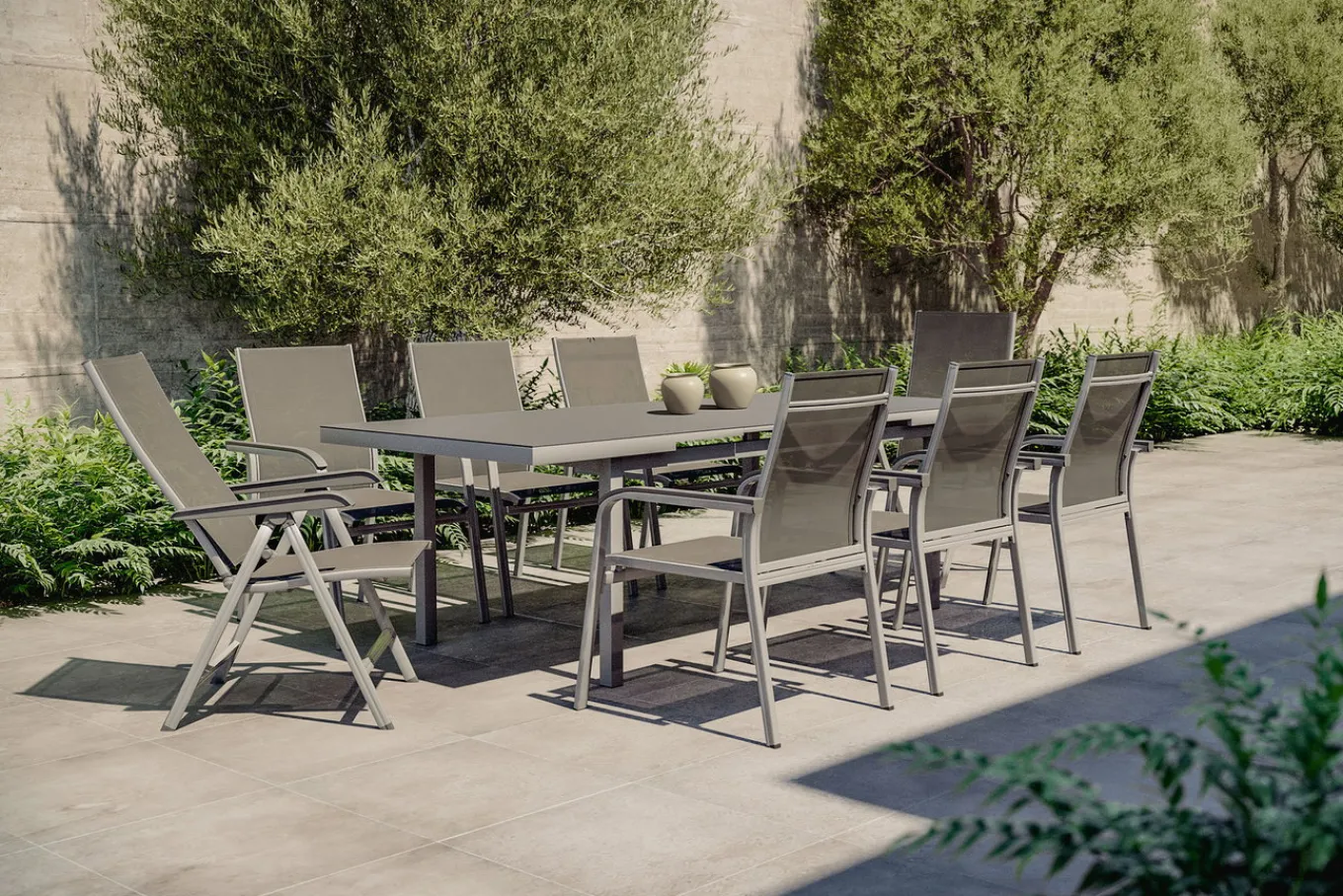 Outlet BasicPlus Garten-Essgruppe, silber, Alu/Textilene, Tisch 180/240x100cm, 6 Stapel-, 2 Klappstühle Garten-Essgruppen