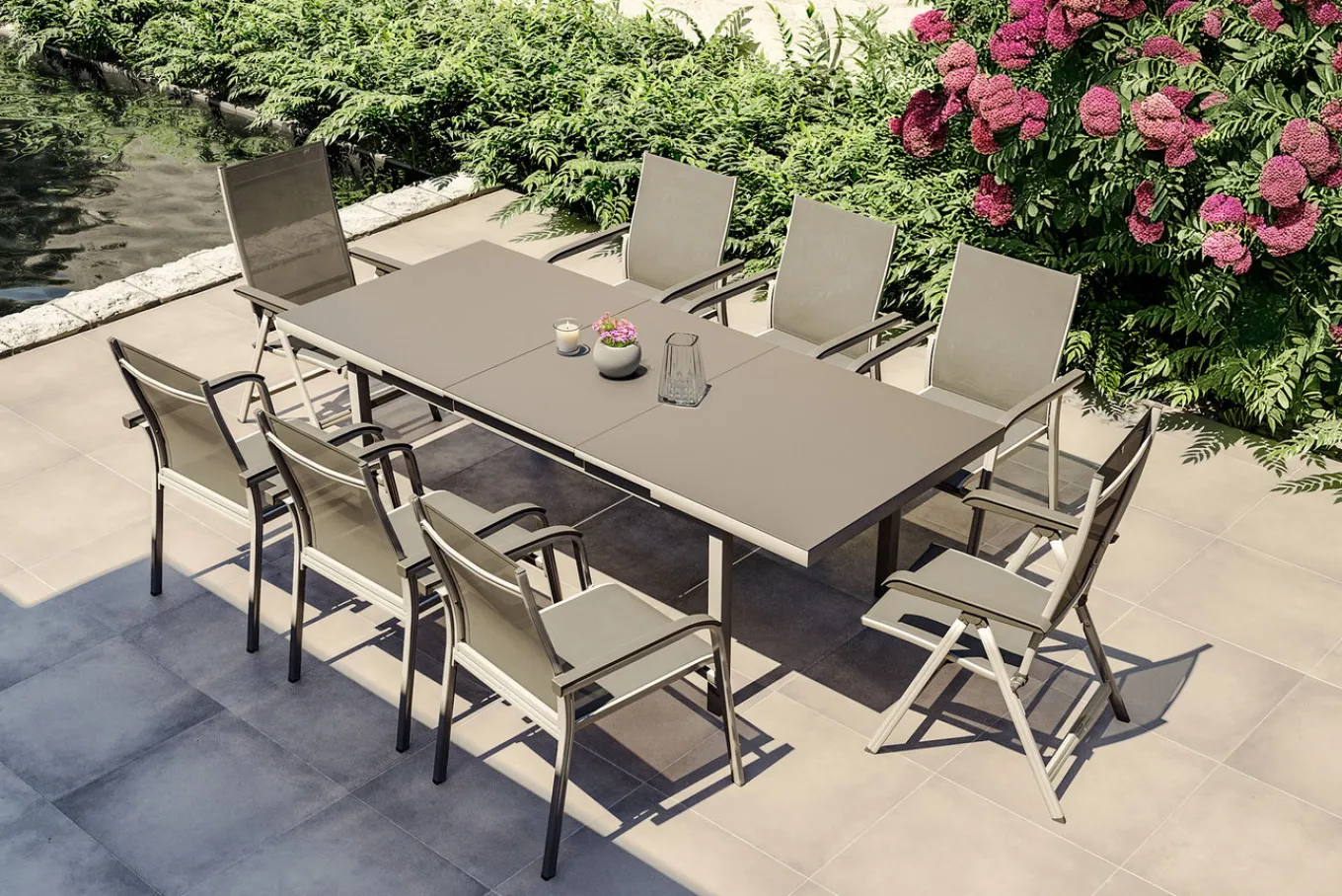 Outlet BasicPlus Garten-Essgruppe, silber, Alu/Textilene, Tisch 180/240x100cm, 6 Stapel-, 2 Klappstühle Garten-Essgruppen