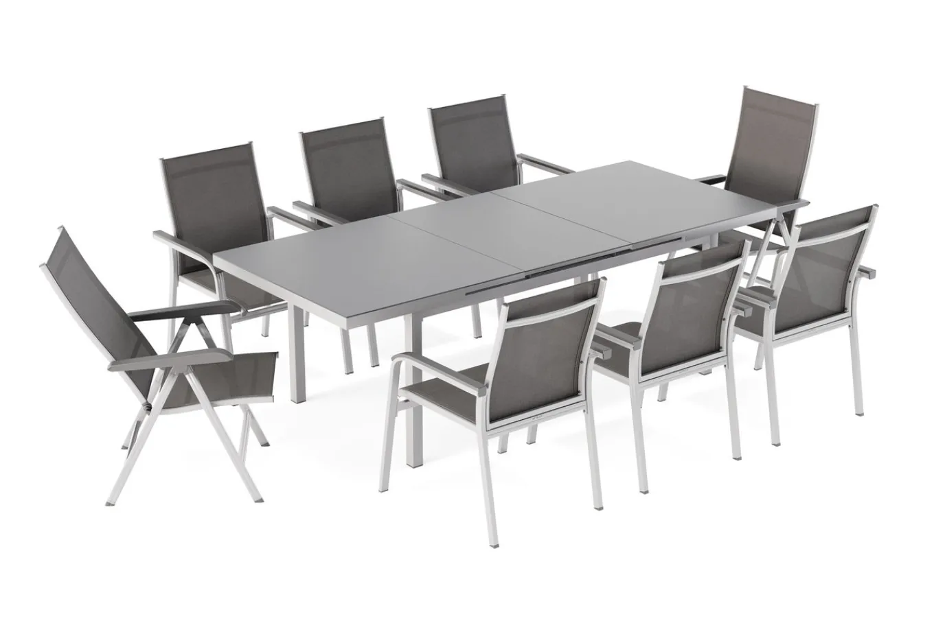 Outlet BasicPlus Garten-Essgruppe, silber, Alu/Textilene, Tisch 180/240x100cm, 6 Stapel-, 2 Klappstühle Garten-Essgruppen