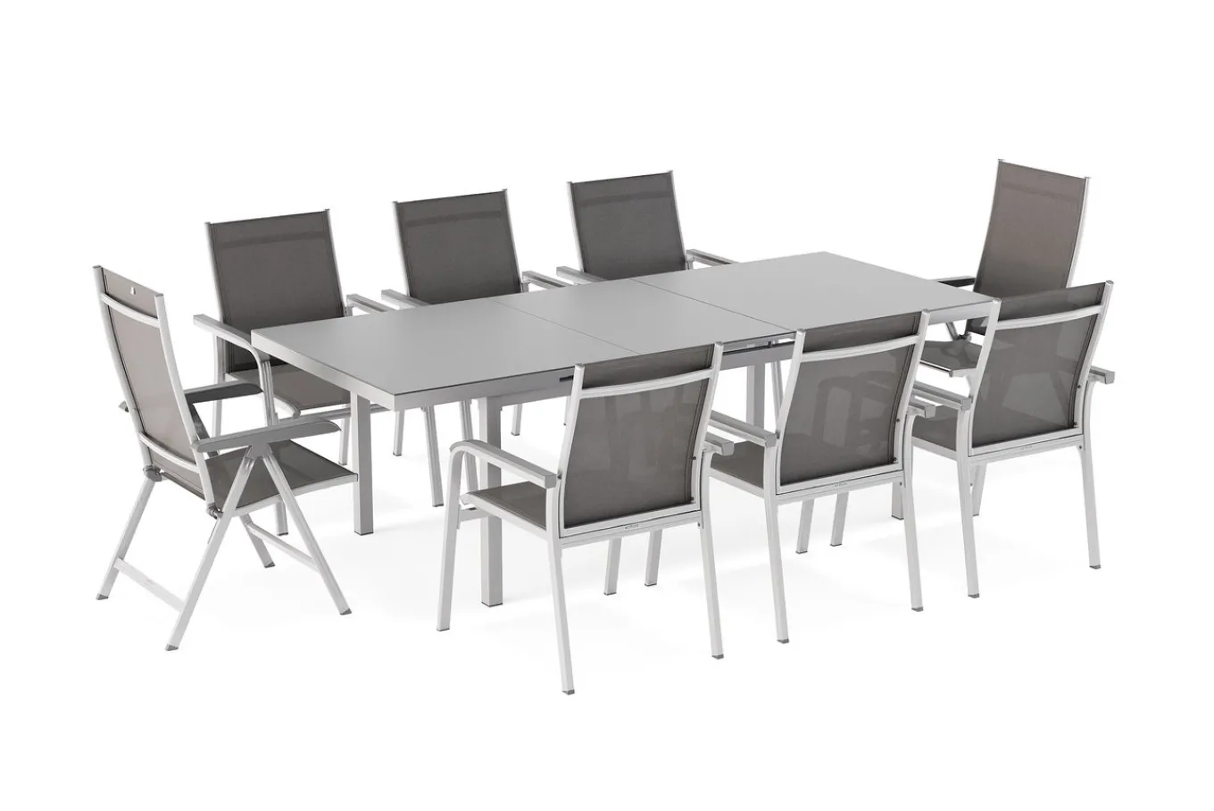 Outlet BasicPlus Garten-Essgruppe, silber, Alu/Textilene, Tisch 180/240x100cm, 6 Stapel-, 2 Klappstühle Garten-Essgruppen