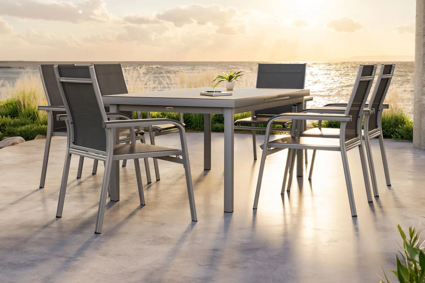 Hot BasicPlus Garten-Essgruppe, 6 Personen, ausziehbar, 180-240cm, Alu/Textilene, Stapelsessel Garten-Essgruppen