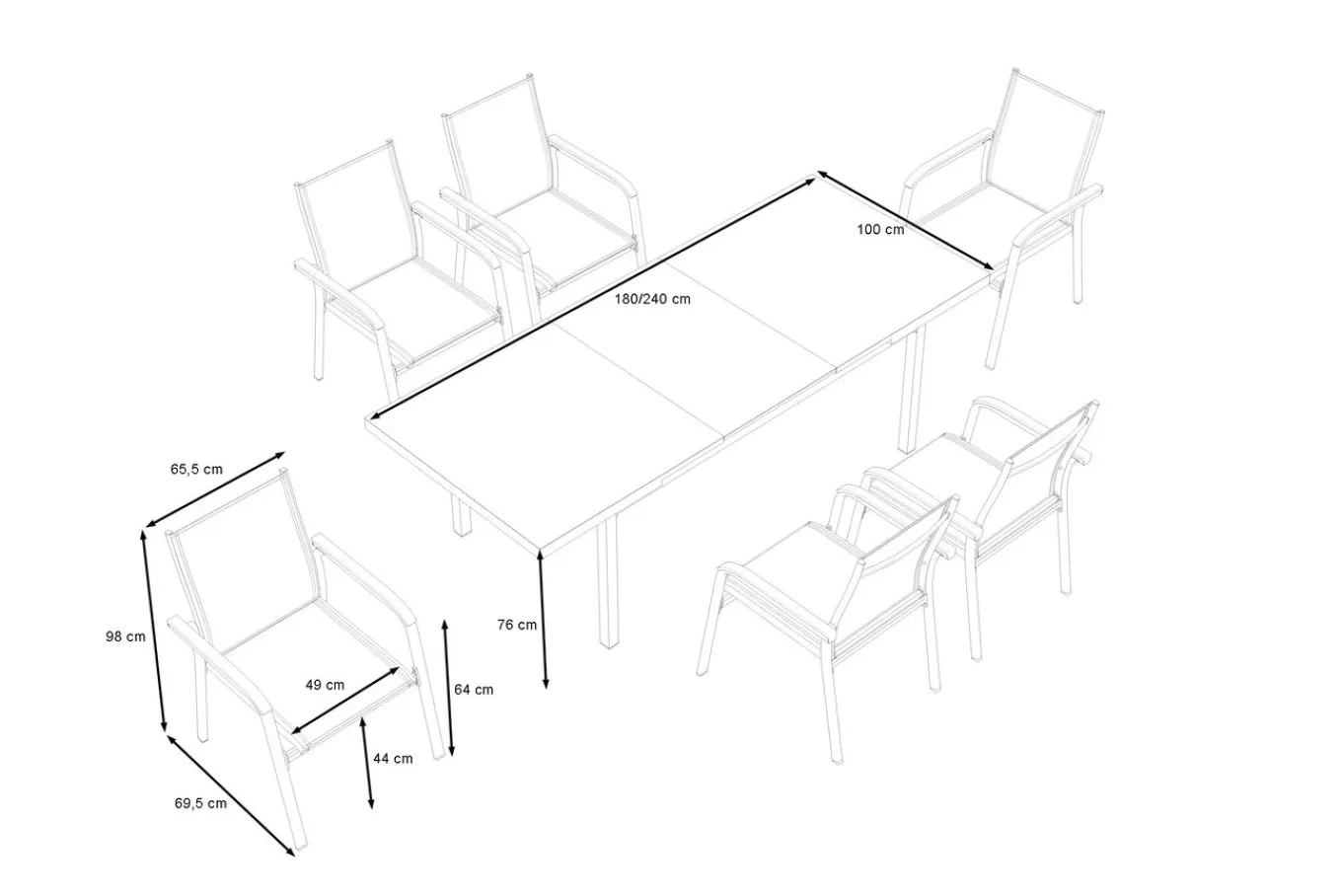 Hot BasicPlus Garten-Essgruppe, 6 Personen, ausziehbar, 180-240cm, Alu/Textilene, Stapelsessel Garten-Essgruppen