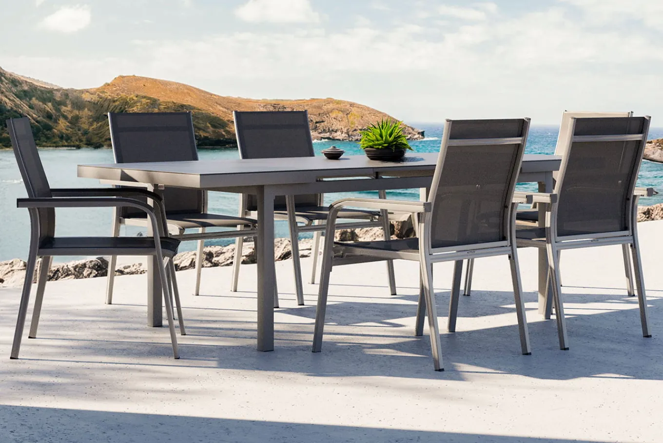 Hot BasicPlus Garten-Essgruppe, 6 Personen, ausziehbar, 180-240cm, Alu/Textilene, Stapelsessel Garten-Essgruppen