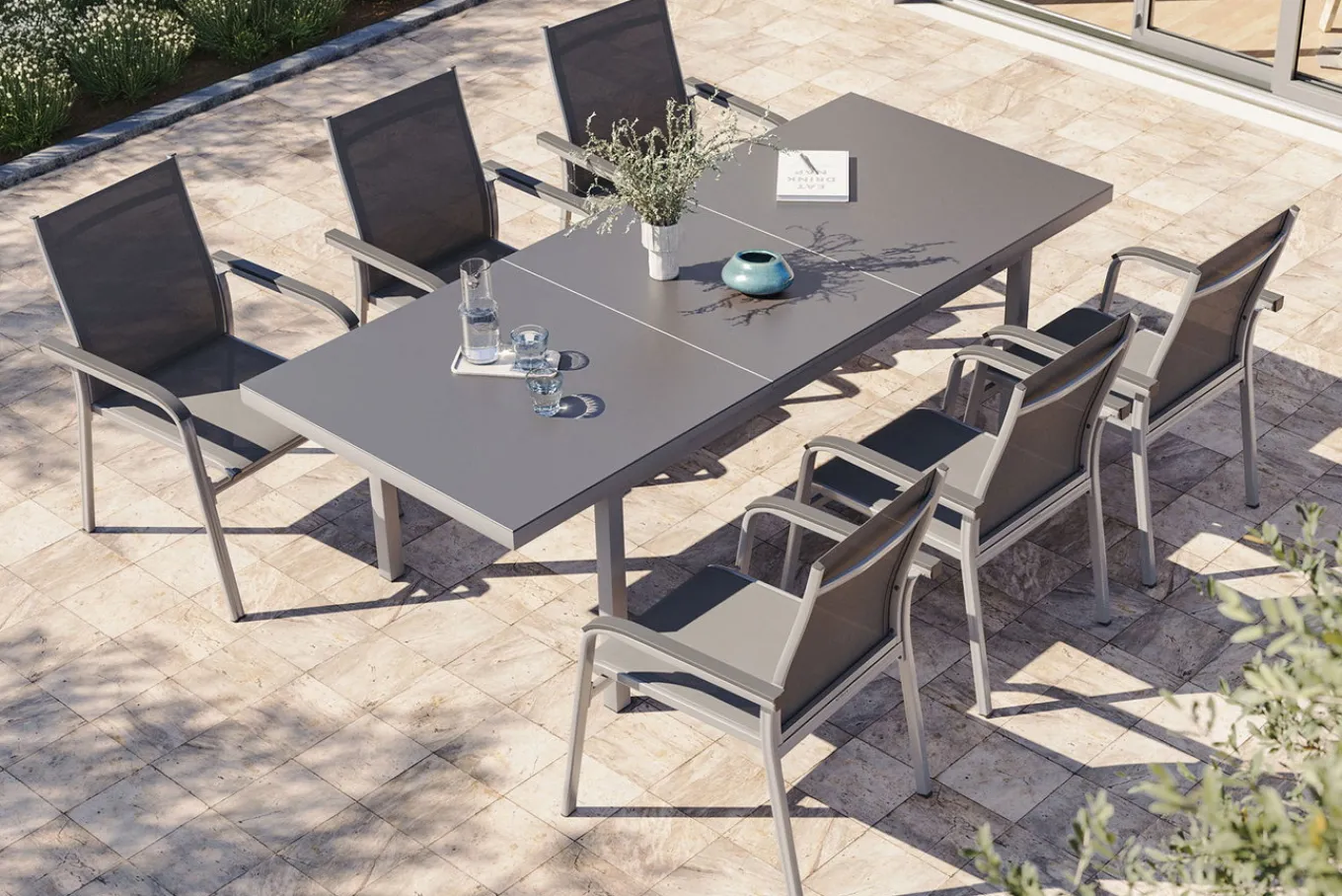 Hot BasicPlus Garten-Essgruppe, 6 Personen, ausziehbar, 180-240cm, Alu/Textilene, Stapelsessel Garten-Essgruppen