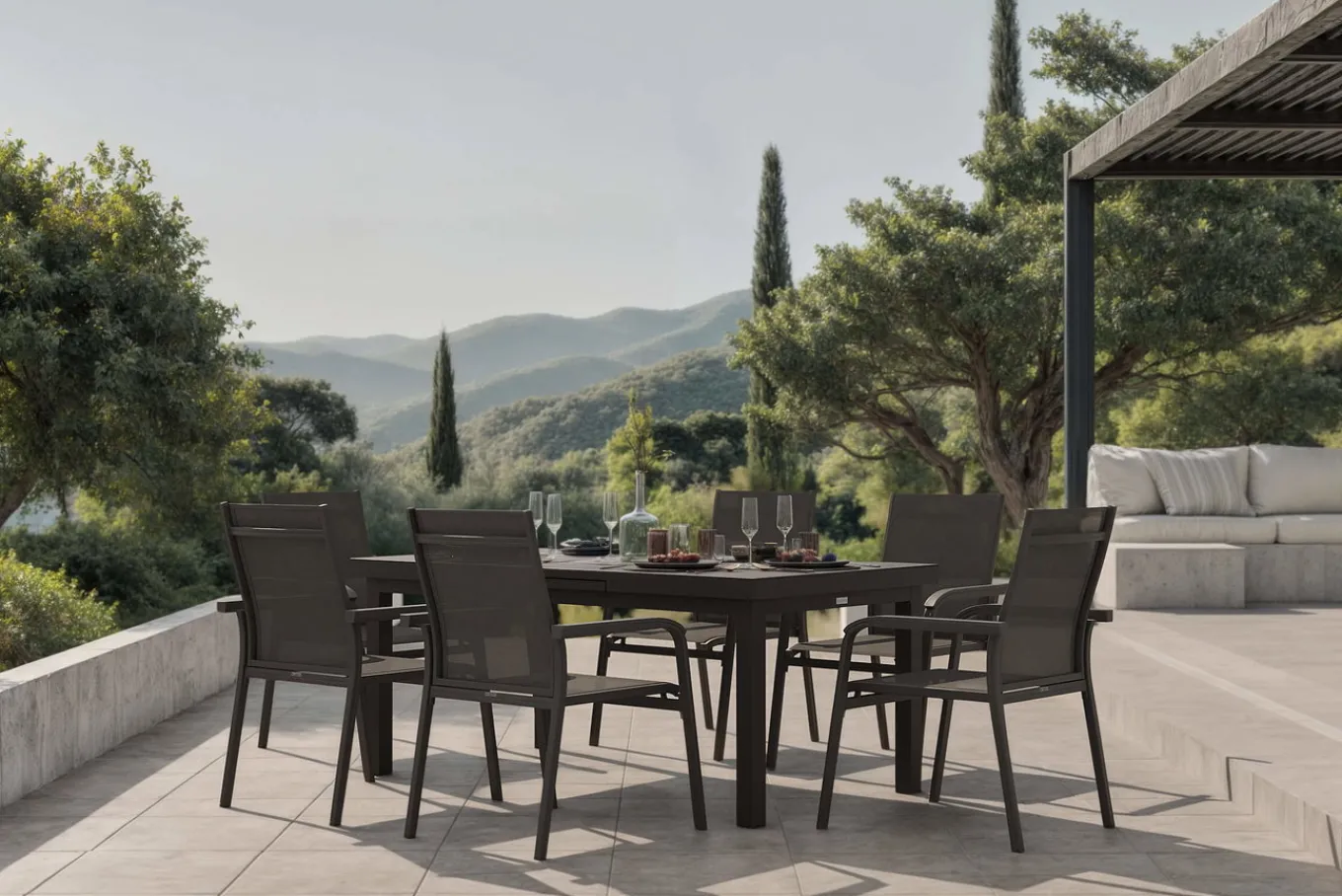 Best BasicPlus Garten-Essgruppe, anthrazit, Alu/Textilene, Tisch 180/240x100cm, 8 Stapelsessel Garten-Essgruppen|Aluminium-Gartenmöbel