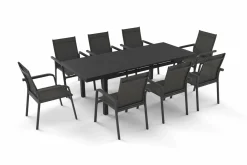 Best BasicPlus Garten-Essgruppe, anthrazit, Alu/Textilene, Tisch 180/240x100cm, 8 Stapelsessel Garten-Essgruppen|Aluminium-Gartenmöbel