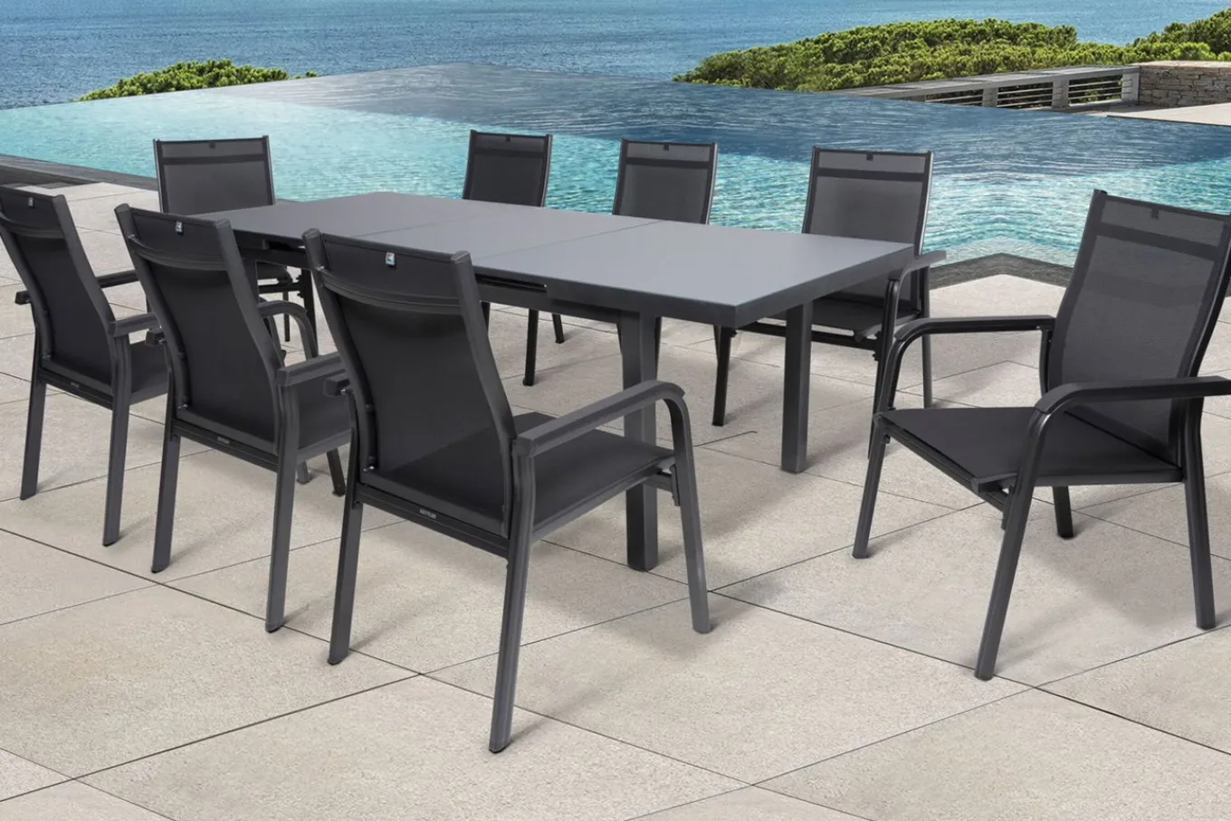 Best BasicPlus Garten-Essgruppe, anthrazit, Alu/Textilene, Tisch 180/240x100cm, 8 Stapelsessel Garten-Essgruppen|Aluminium-Gartenmöbel