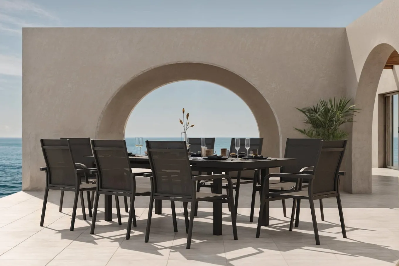 Best BasicPlus Garten-Essgruppe, anthrazit, Alu/Textilene, Tisch 180/240x100cm, 8 Stapelsessel Garten-Essgruppen|Aluminium-Gartenmöbel
