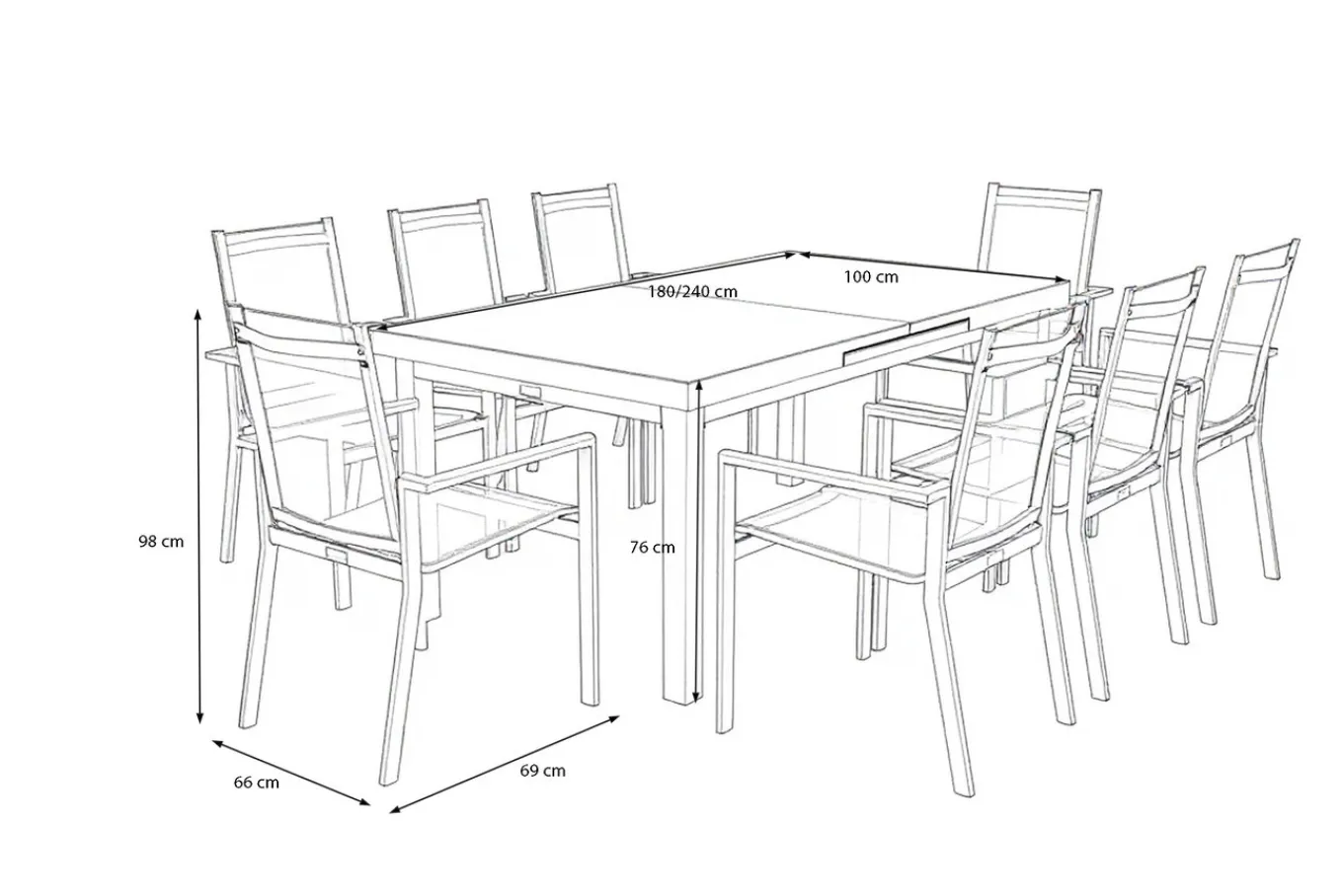 Best BasicPlus Garten-Essgruppe, anthrazit, Alu/Textilene, Tisch 180/240x100cm, 8 Stapelsessel Garten-Essgruppen|Aluminium-Gartenmöbel