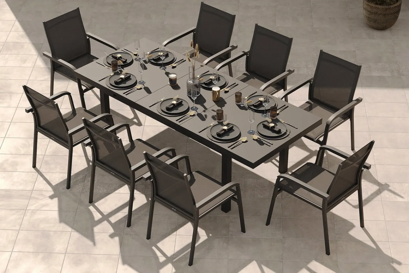 Best BasicPlus Garten-Essgruppe, anthrazit, Alu/Textilene, Tisch 180/240x100cm, 8 Stapelsessel Garten-Essgruppen|Aluminium-Gartenmöbel