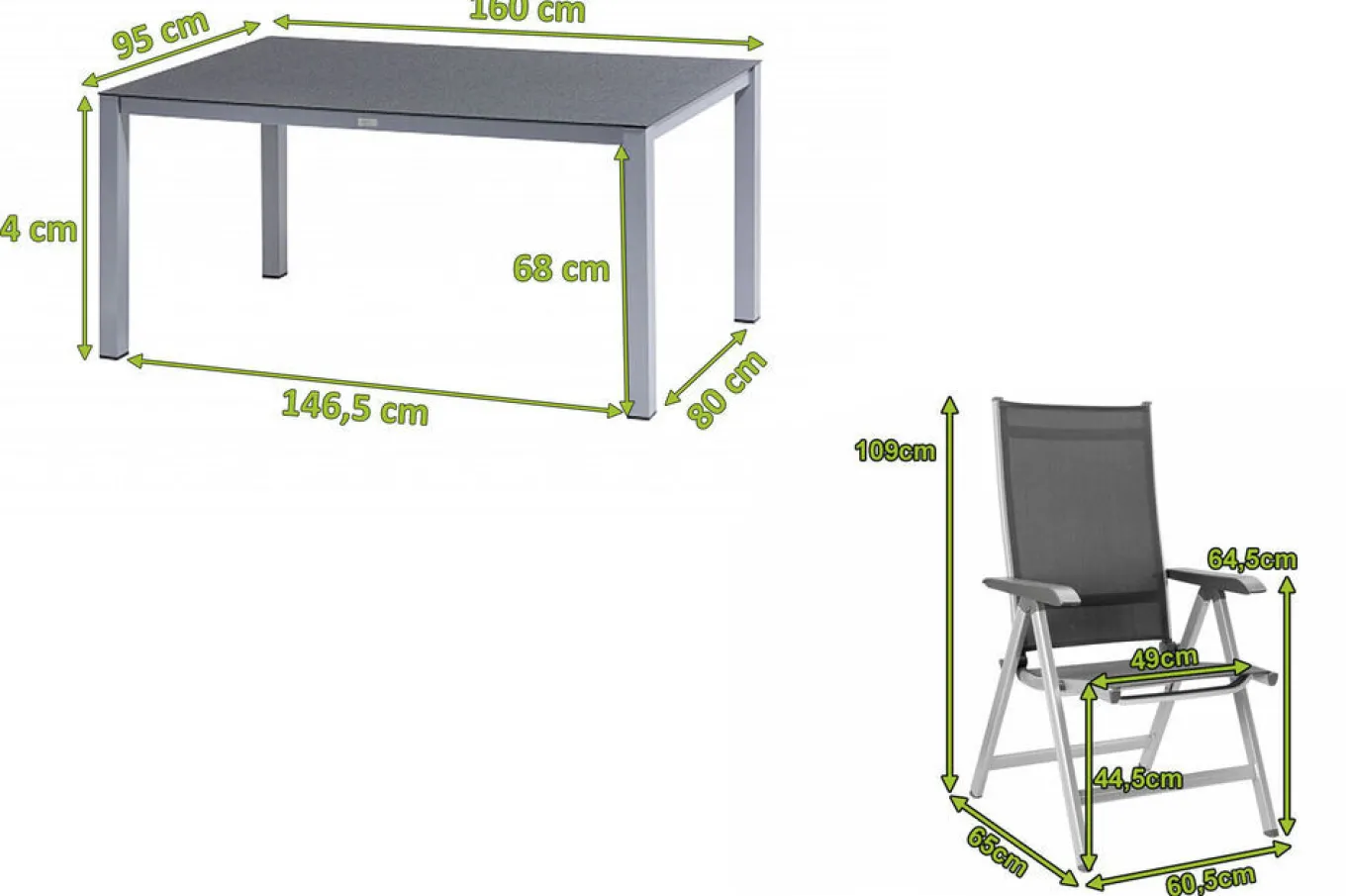 Clearance BasicPlus Garten-Essgruppe, silber/anthrazit, Alu/Spraystone/Textil, 160 x 95 cm, inkl. 6 Klappstühle Garten-Essgruppen|Aluminium-Gartenmöbel