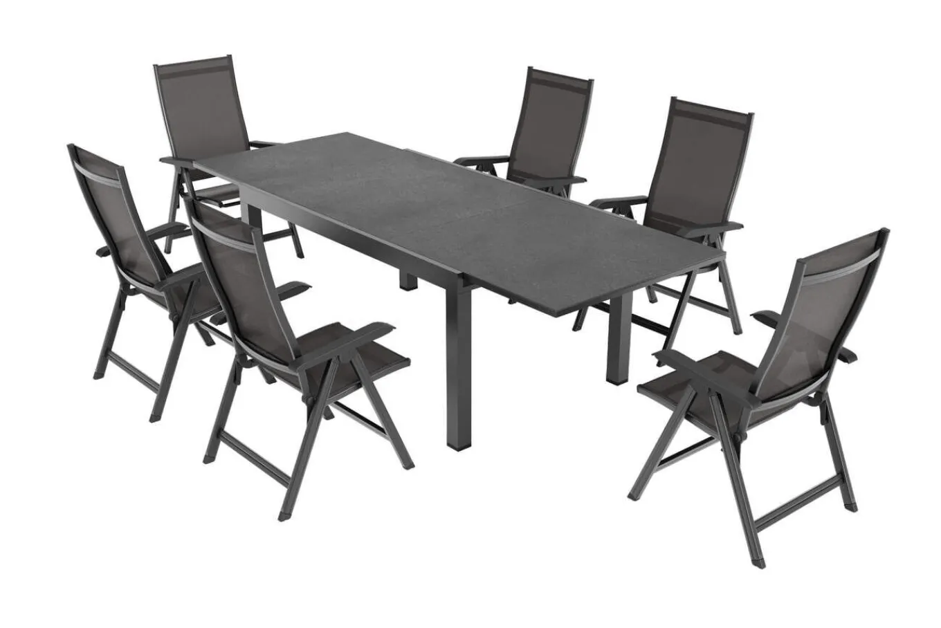 Sale BasicPlus Garten-Essgruppe, anthrazit/schwarz, Alu/Textilene/Spraystone-Glas, Tisch 160/260 x 100 cm, 6 Klappstühle Garten-Essgruppen