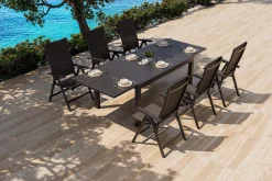 Sale BasicPlus Garten-Essgruppe, anthrazit/schwarz, Alu/Textilene/Spraystone-Glas, Tisch 160/260 x 100 cm, 6 Klappstühle Garten-Essgruppen