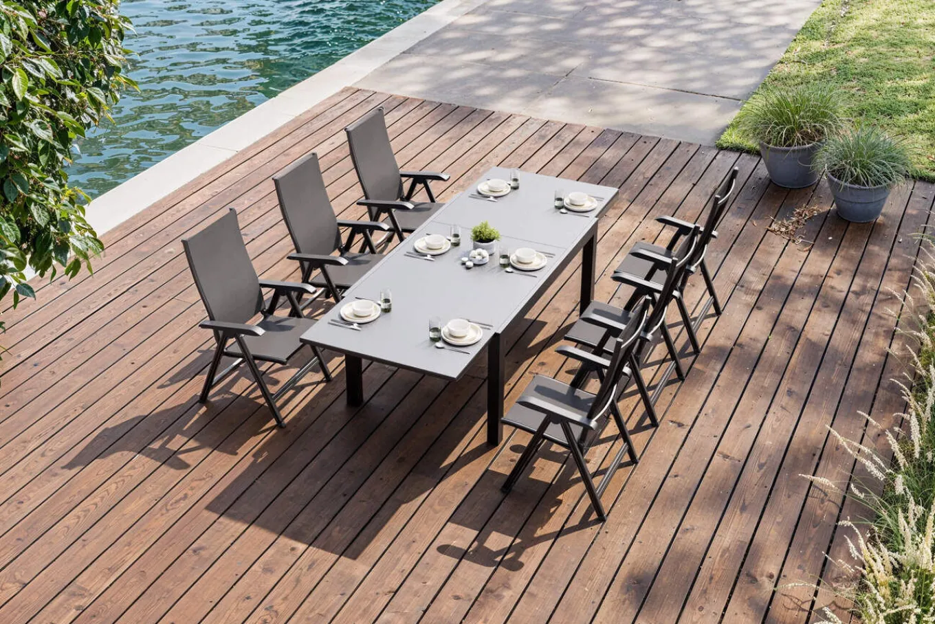 Sale BasicPlus Garten-Essgruppe, anthrazit/schwarz, Alu/Textilene/Spraystone-Glas, Tisch 160/260 x 100 cm, 6 Klappstühle Garten-Essgruppen