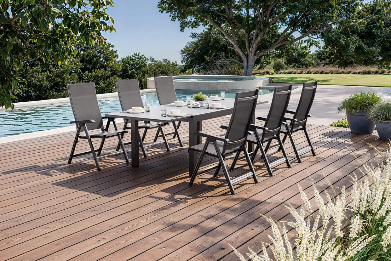 Sale BasicPlus Garten-Essgruppe, anthrazit/schwarz, Alu/Textilene/Spraystone-Glas, Tisch 160/260 x 100 cm, 6 Klappstühle Garten-Essgruppen