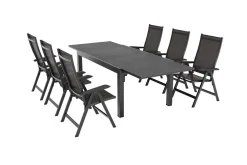 Sale BasicPlus Garten-Essgruppe, anthrazit/schwarz, Alu/Textilene/Spraystone-Glas, Tisch 160/260 x 100 cm, 6 Klappstühle Garten-Essgruppen