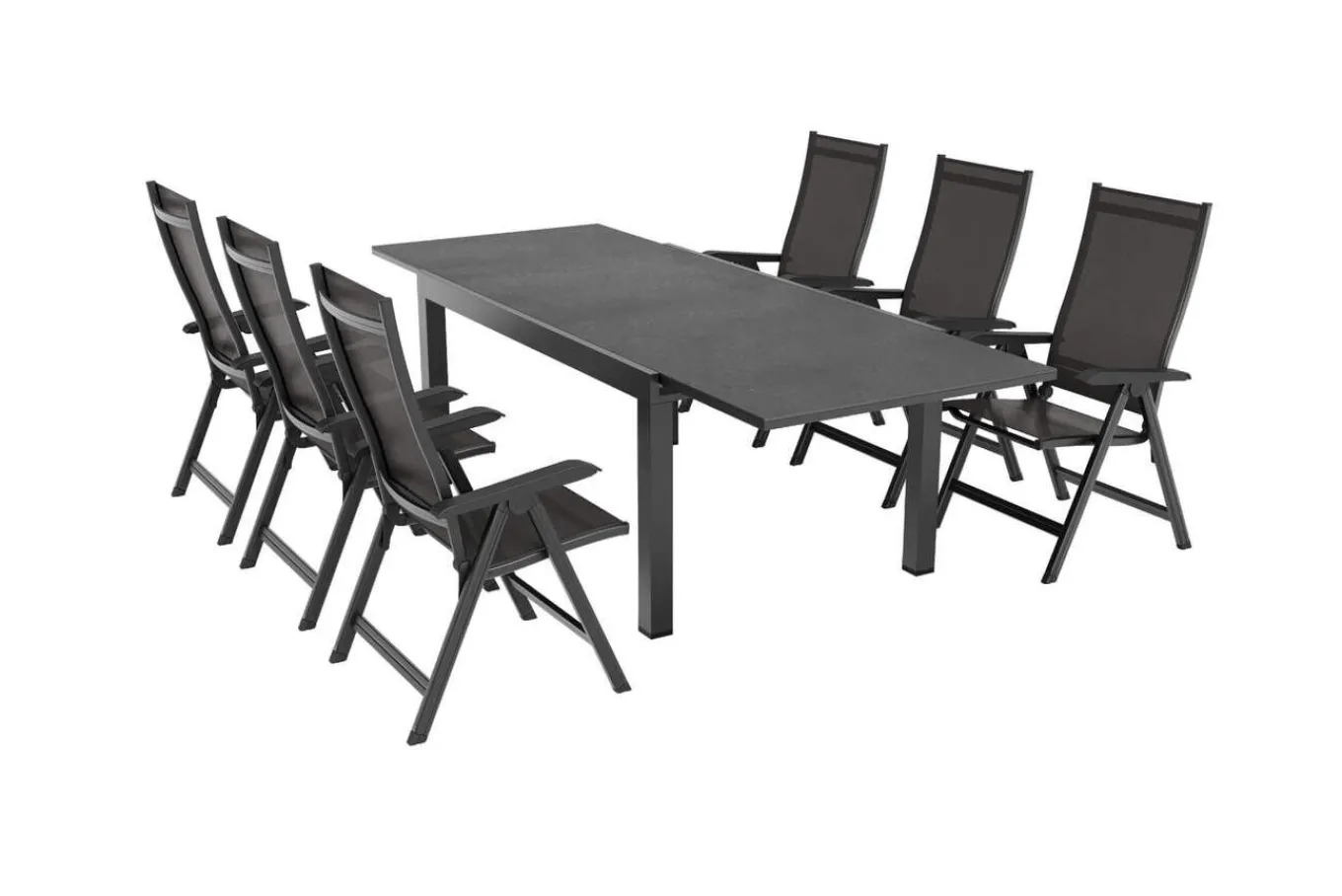 Sale BasicPlus Garten-Essgruppe, anthrazit/schwarz, Alu/Textilene/Spraystone-Glas, Tisch 160/260 x 100 cm, 6 Klappstühle Garten-Essgruppen