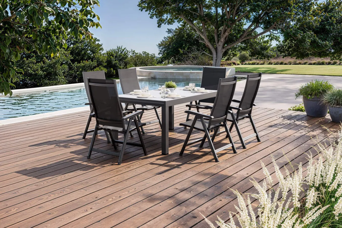 Sale BasicPlus Garten-Essgruppe, anthrazit/schwarz, Alu/Textilene/Spraystone-Glas, Tisch 160/260 x 100 cm, 6 Klappstühle Garten-Essgruppen