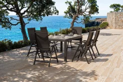 Sale BasicPlus Garten-Essgruppe, anthrazit/schwarz, Alu/Textilene/Spraystone-Glas, Tisch 160/260 x 100 cm, 6 Klappstühle Garten-Essgruppen