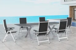 Sale BasicPlus Garten-Essgruppe, silber / anthrazit, Alu / Spraystone / Textil, Tisch 180/280x100cm, 6 Klappstühle Garten-Essgruppen