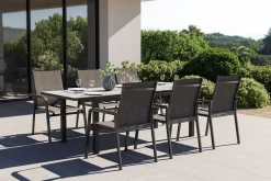 Outlet BasicPlus Premium Garten-Essgruppe, anthrazit, Alu/Spraystone, Tisch 180/240x90 cm, 6 Stapelsessel Garten-Essgruppen|Aluminium-Gartenmöbel
