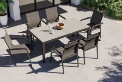Outlet BasicPlus Premium Garten-Essgruppe, anthrazit, Alu/Spraystone, Tisch 180/240x90 cm, 6 Stapelsessel Garten-Essgruppen|Aluminium-Gartenmöbel