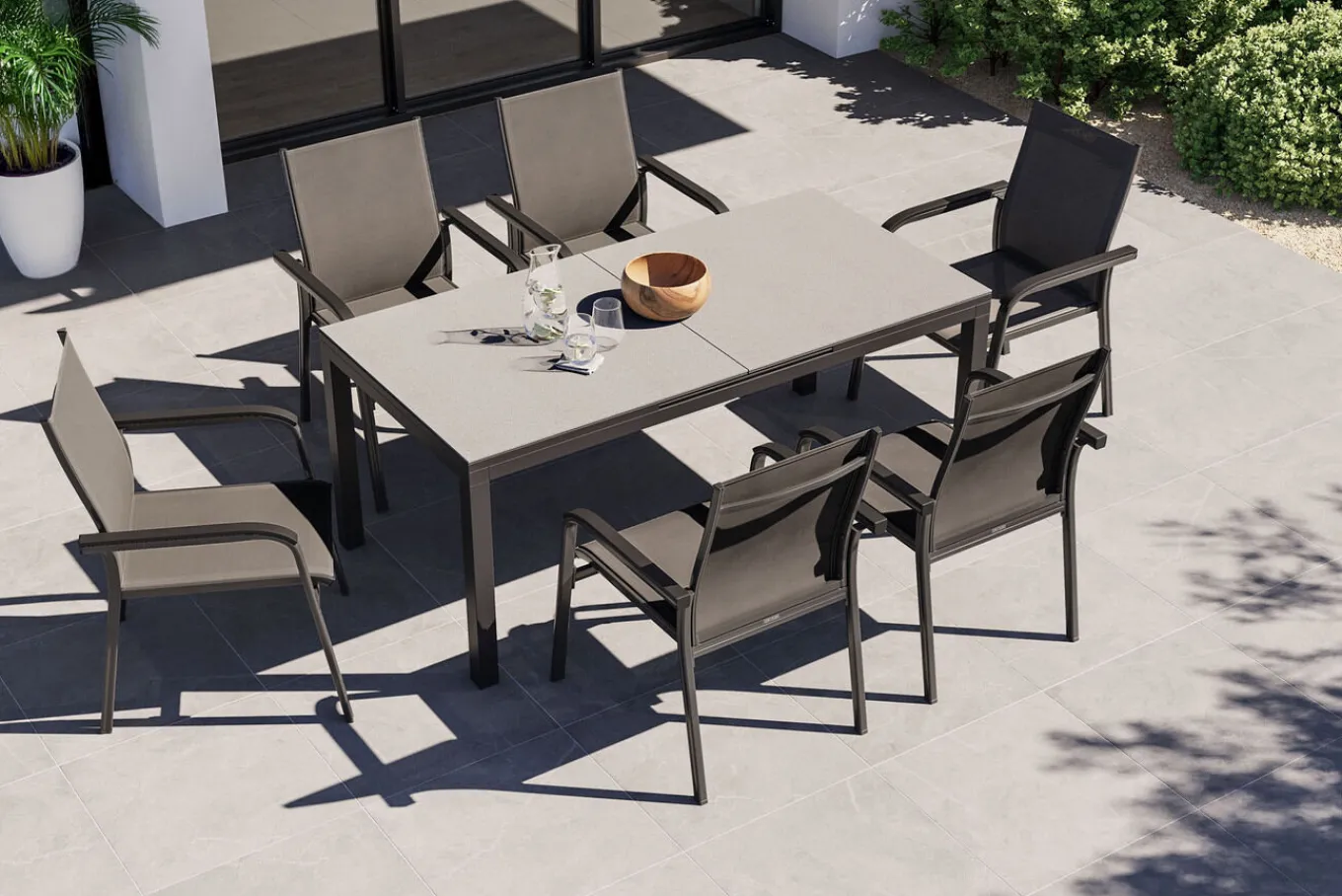 Outlet BasicPlus Premium Garten-Essgruppe, anthrazit, Alu/Spraystone, Tisch 180/240x90 cm, 6 Stapelsessel Garten-Essgruppen|Aluminium-Gartenmöbel