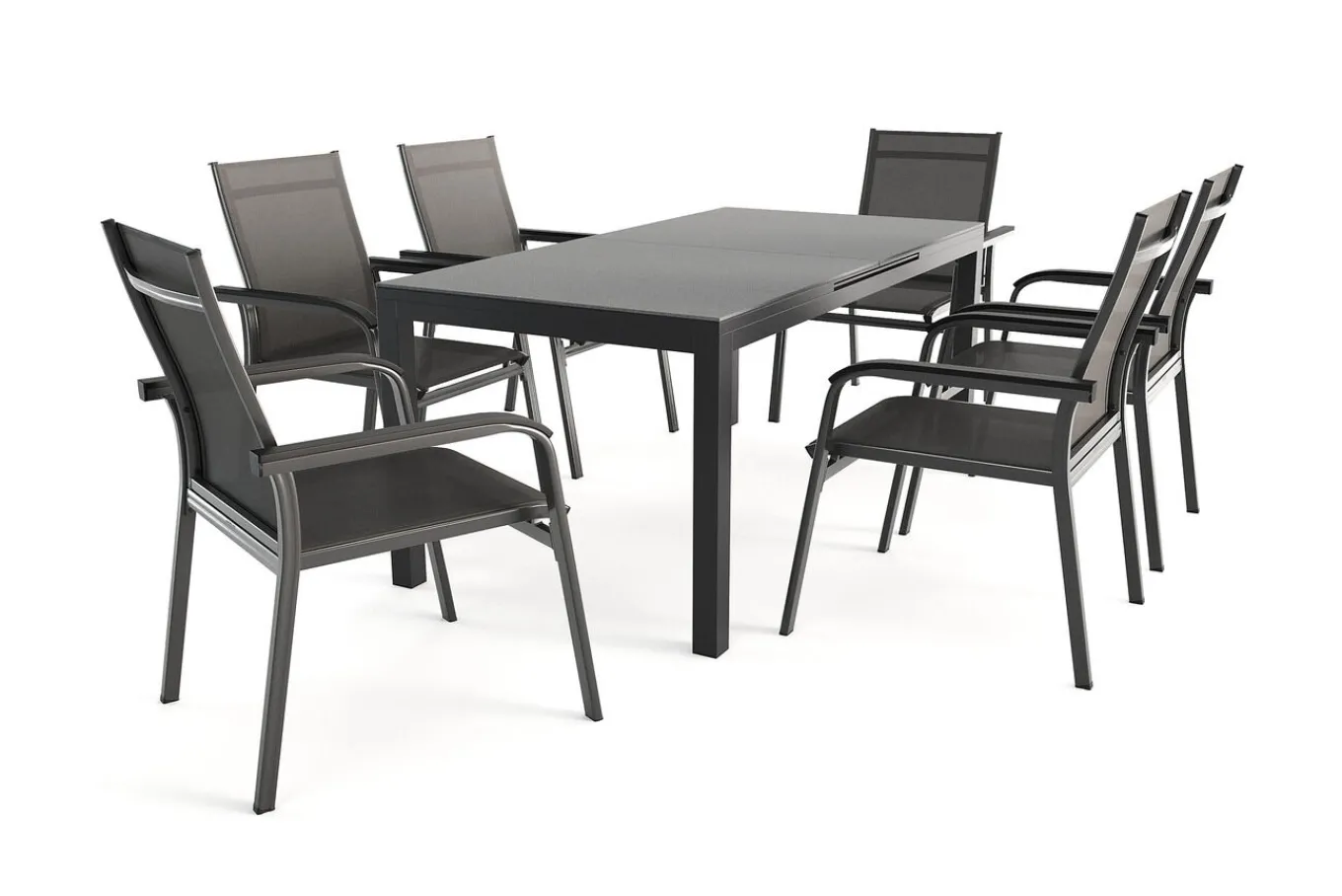 Outlet BasicPlus Premium Garten-Essgruppe, anthrazit, Alu/Spraystone, Tisch 180/240x90 cm, 6 Stapelsessel Garten-Essgruppen|Aluminium-Gartenmöbel