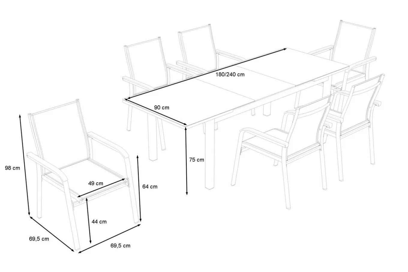 Outlet BasicPlus Premium Garten-Essgruppe, anthrazit, Alu/Spraystone, Tisch 180/240x90 cm, 6 Stapelsessel Garten-Essgruppen|Aluminium-Gartenmöbel