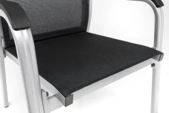 Online BasicPlus Premium Garten-Essgruppe, silber, Alu, Tisch 160x90 cm, 4 Stapelsessel Garten-Essgruppen|Aluminium-Gartenmöbel