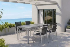 Online BasicPlus Premium Garten-Essgruppe, silber, Alu, Tisch 160x90 cm, 4 Stapelsessel Garten-Essgruppen|Aluminium-Gartenmöbel