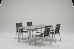 Online BasicPlus Premium Garten-Essgruppe, silber, Alu, Tisch 160x90 cm, 4 Stapelsessel Garten-Essgruppen|Aluminium-Gartenmöbel