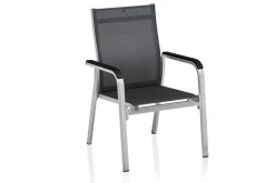 Online BasicPlus Premium Garten-Essgruppe, silber, Alu, Tisch 160x90 cm, 4 Stapelsessel Garten-Essgruppen|Aluminium-Gartenmöbel