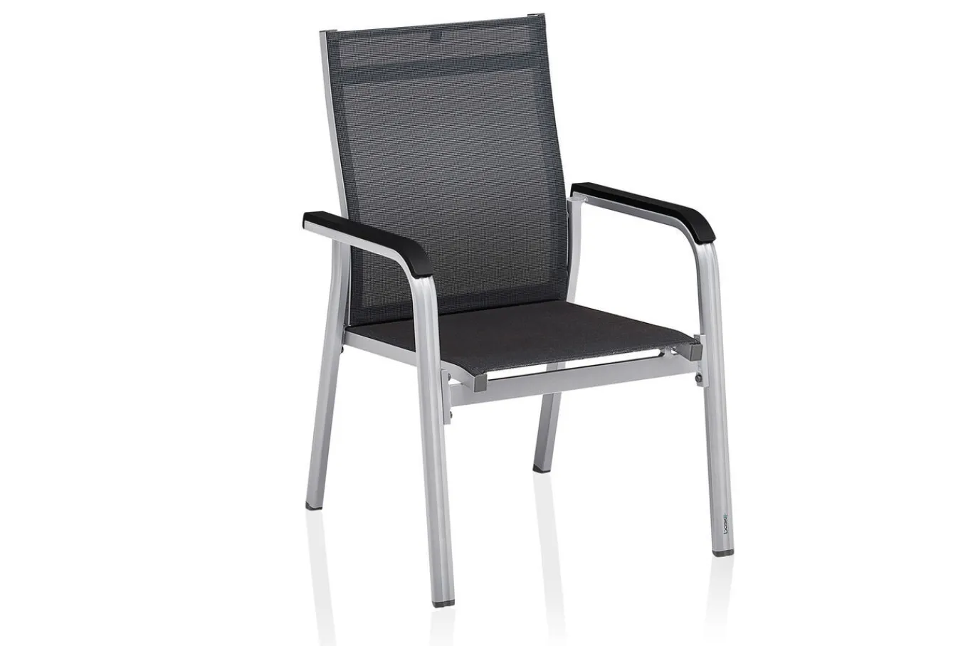 Online BasicPlus Premium Garten-Essgruppe, silber, Alu, Tisch 160x90 cm, 4 Stapelsessel Garten-Essgruppen|Aluminium-Gartenmöbel