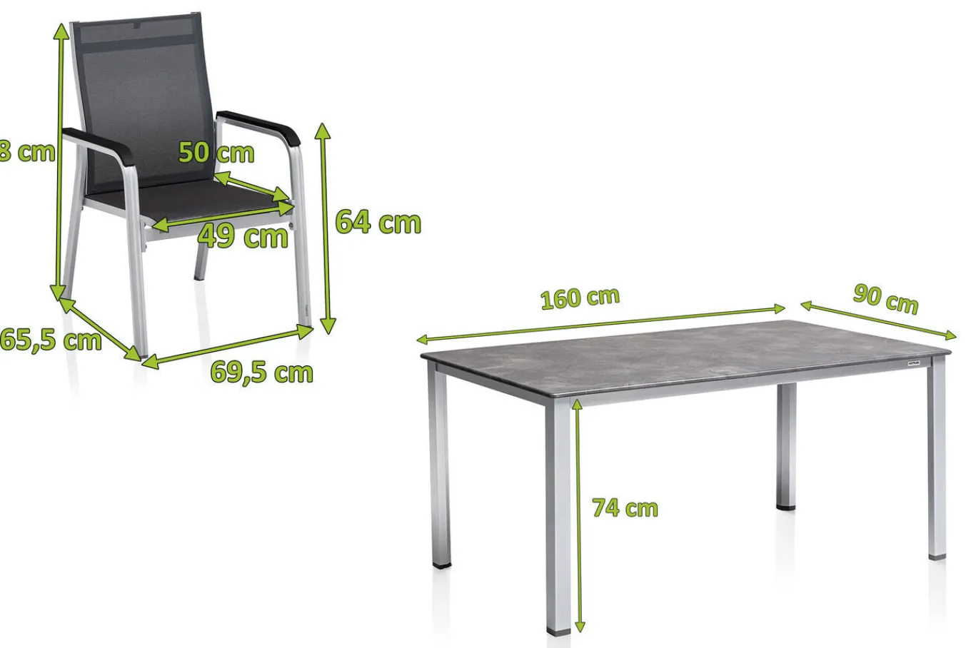 Online BasicPlus Premium Garten-Essgruppe, silber, Alu, Tisch 160x90 cm, 4 Stapelsessel Garten-Essgruppen|Aluminium-Gartenmöbel