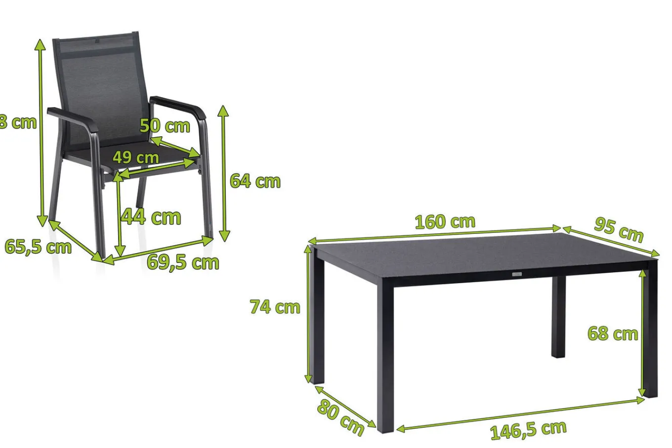 Discount BasicPlus Premium Garten-Essgruppe, anthrazit, Alu/Spraystone, Tisch 160x95 cm, 4 Stapelsessel Garten-Essgruppen|Aluminium-Gartenmöbel