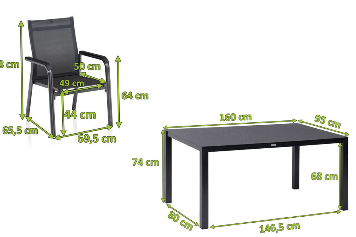 Discount BasicPlus Premium Garten-Essgruppe, anthrazit, Alu/Spraystone, Tisch 160x95 cm, 4 Stapelsessel Garten-Essgruppen|Aluminium-Gartenmöbel