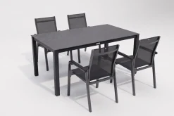 Discount BasicPlus Premium Garten-Essgruppe, anthrazit, Alu/Spraystone, Tisch 160x95 cm, 4 Stapelsessel Garten-Essgruppen|Aluminium-Gartenmöbel