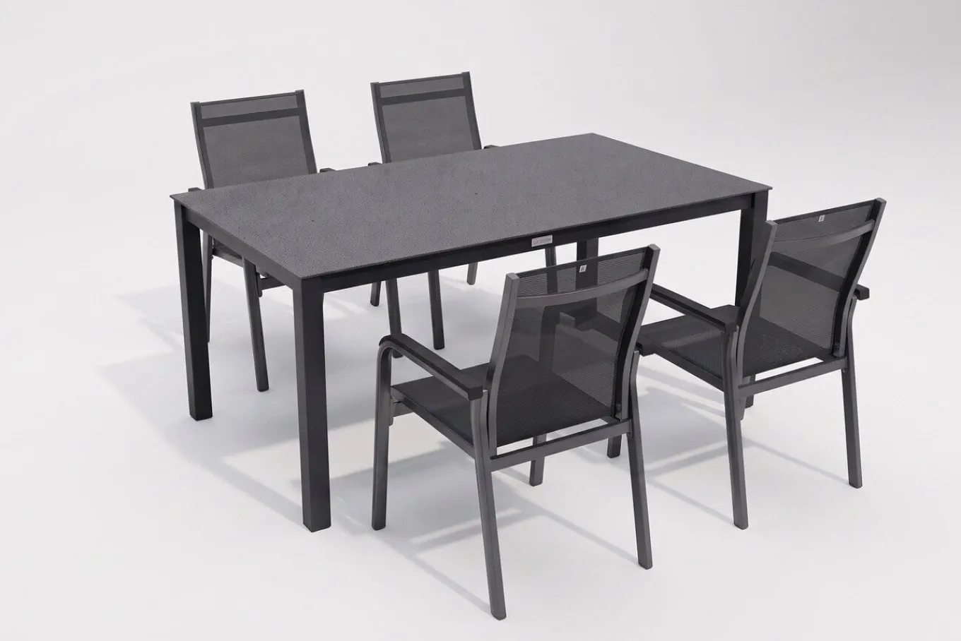 Discount BasicPlus Premium Garten-Essgruppe, anthrazit, Alu/Spraystone, Tisch 160x95 cm, 4 Stapelsessel Garten-Essgruppen|Aluminium-Gartenmöbel