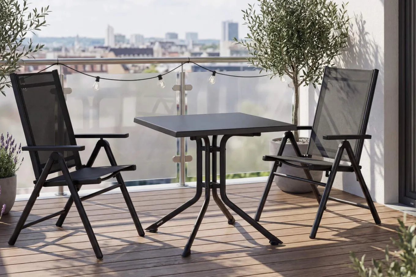 Discount BasicPlus Pro Balkon-Set, anthrazit, Aluminium/KETTALUX/Textilene, Tisch 70 x 70 cm, 2 Klappstühle, ergonomisch Balkonmöbel-Set|Aluminium-Gartenmöbel