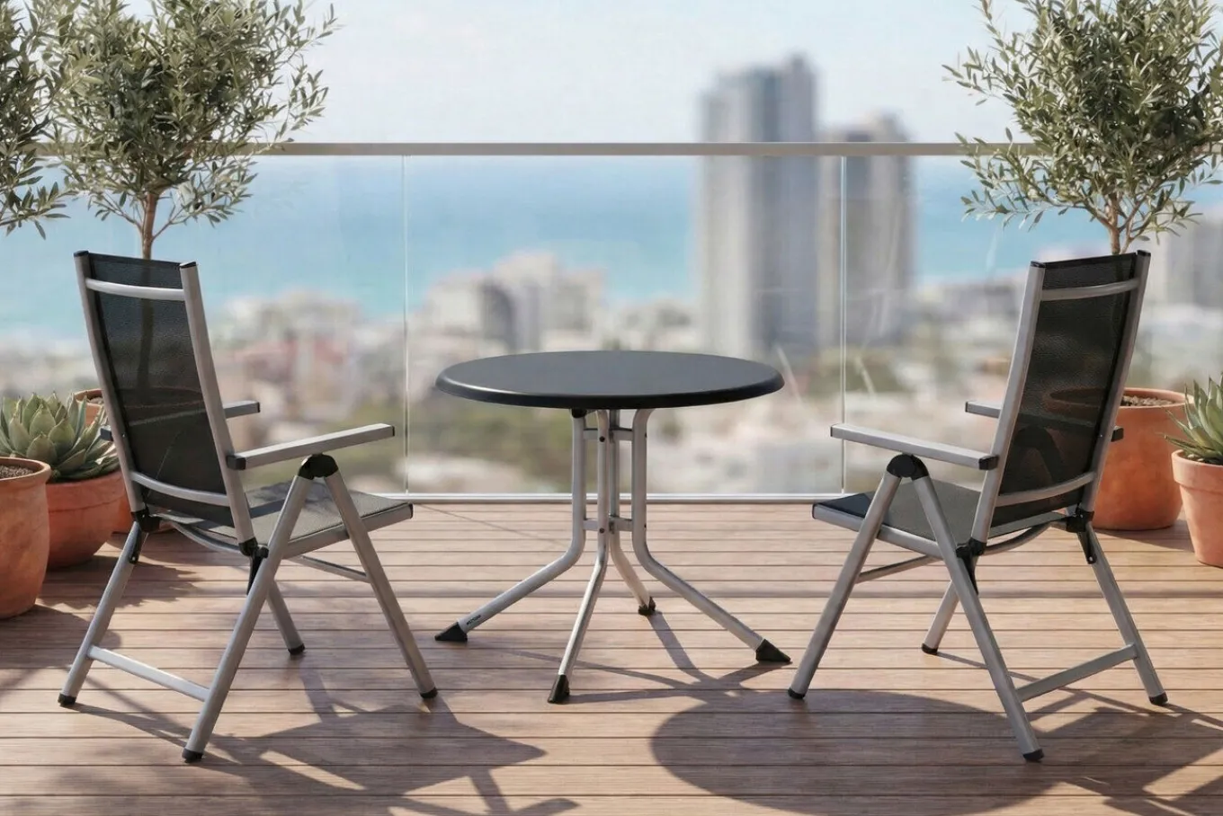 Outlet BasicPlus Pro Balkon-Set, silber/anthrazit, Aluminium/Textilene/KETTALUX, Tisch Ø 70 cm, klappbar, pflegeleicht Balkonmöbel-Set|Aluminium-Gartenmöbel