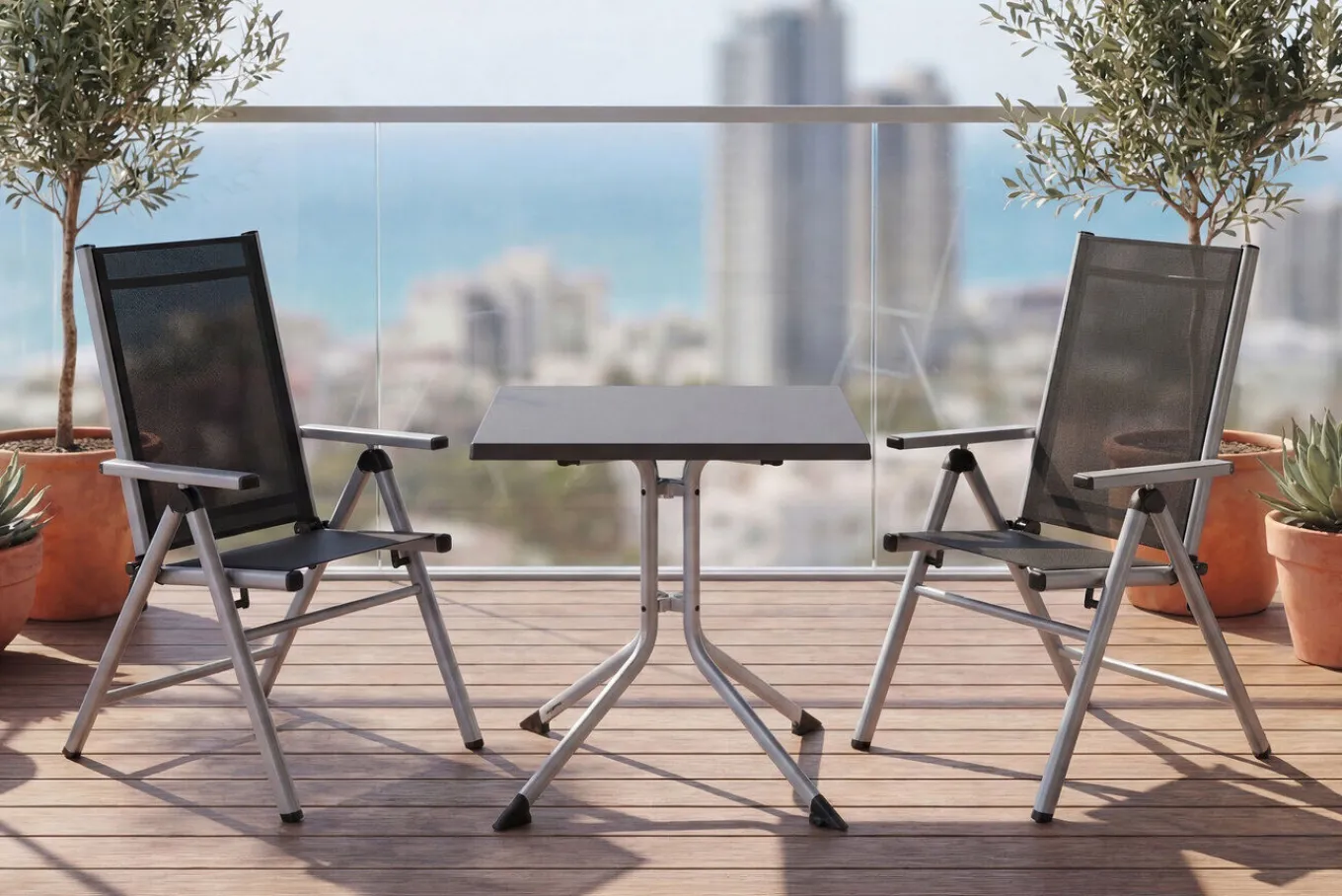 Clearance BasicPlus Pro Balkon-Set, silber/anthrazit, Aluminium/KETTALUX/Textilene, Tisch 70 x 70 cm, 2 Klappstühle Balkonmöbel-Set