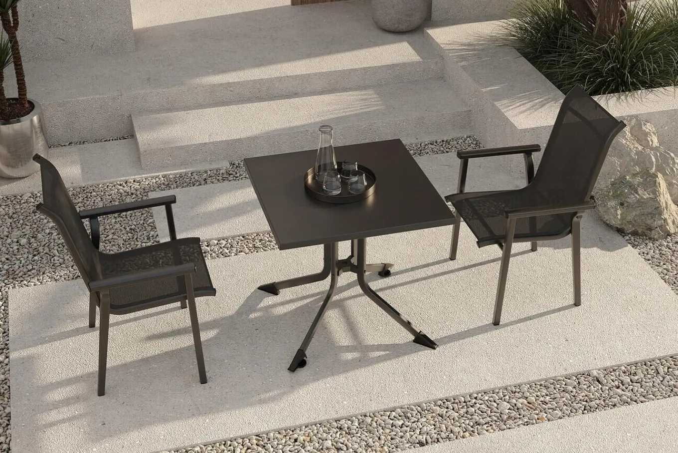 Best BasicPlus Pro Balkon-Set, anthrazit, Aluminium/Textilene/KETTALUX, 80 x 80 cm, 2 Stapelstühle Balkonmöbel-Set