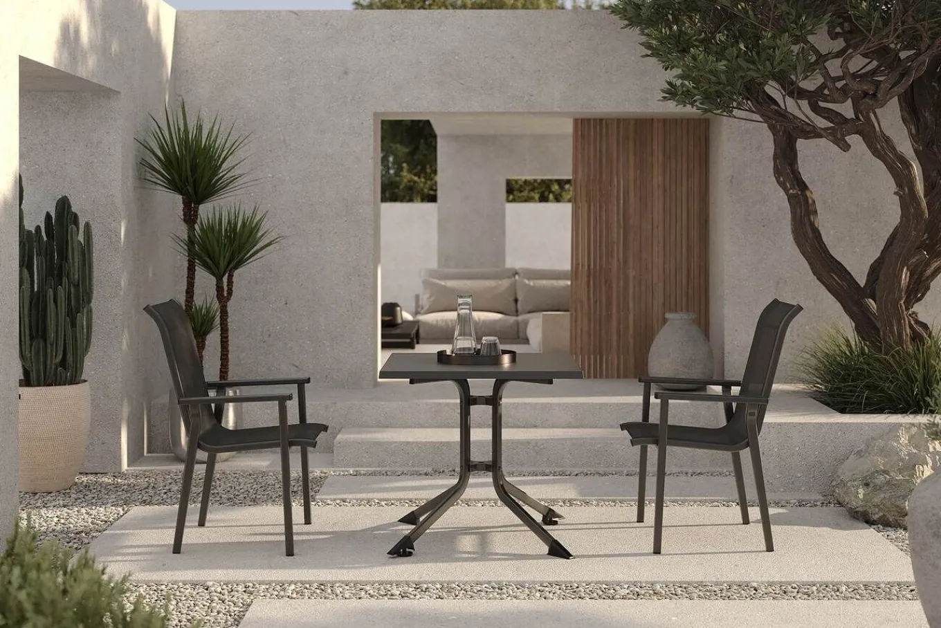 Best BasicPlus Pro Balkon-Set, anthrazit, Aluminium/Textilene/KETTALUX, 80 x 80 cm, 2 Stapelstühle Balkonmöbel-Set
