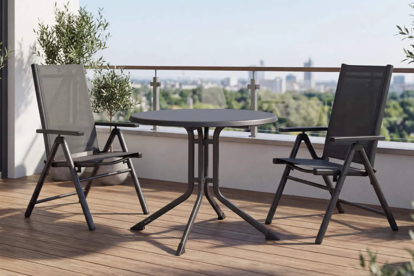 New BasicPlus Pro Balkon-Set, anthrazit, Aluminium/KETTALUX/Textilene, Tisch Ø 70 cm, 2 Klappstühle, schmutzabweisend Balkonmöbel-Set