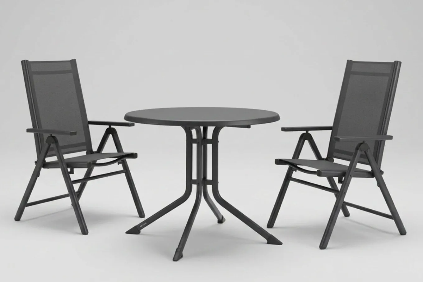 New BasicPlus Pro Balkon-Set, anthrazit, Aluminium/KETTALUX/Textilene, Tisch Ø 70 cm, 2 Klappstühle, schmutzabweisend Balkonmöbel-Set
