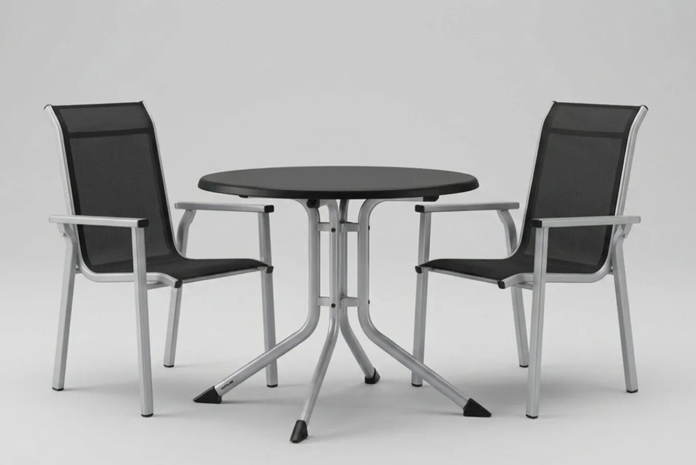 Best BasicPlus Pro Balkon-Set, silber/anthrazit, Aluminium/Textilene/KETTALUX, Tisch Ø 70 cm, klappbar, 2 Stapelsessel Balkonmöbel-Set|Aluminium-Gartenmöbel